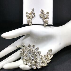 Vintage Clear Rhinestone Floral Brooch Clip Earrings Set, Rhodium Plated, 1960s